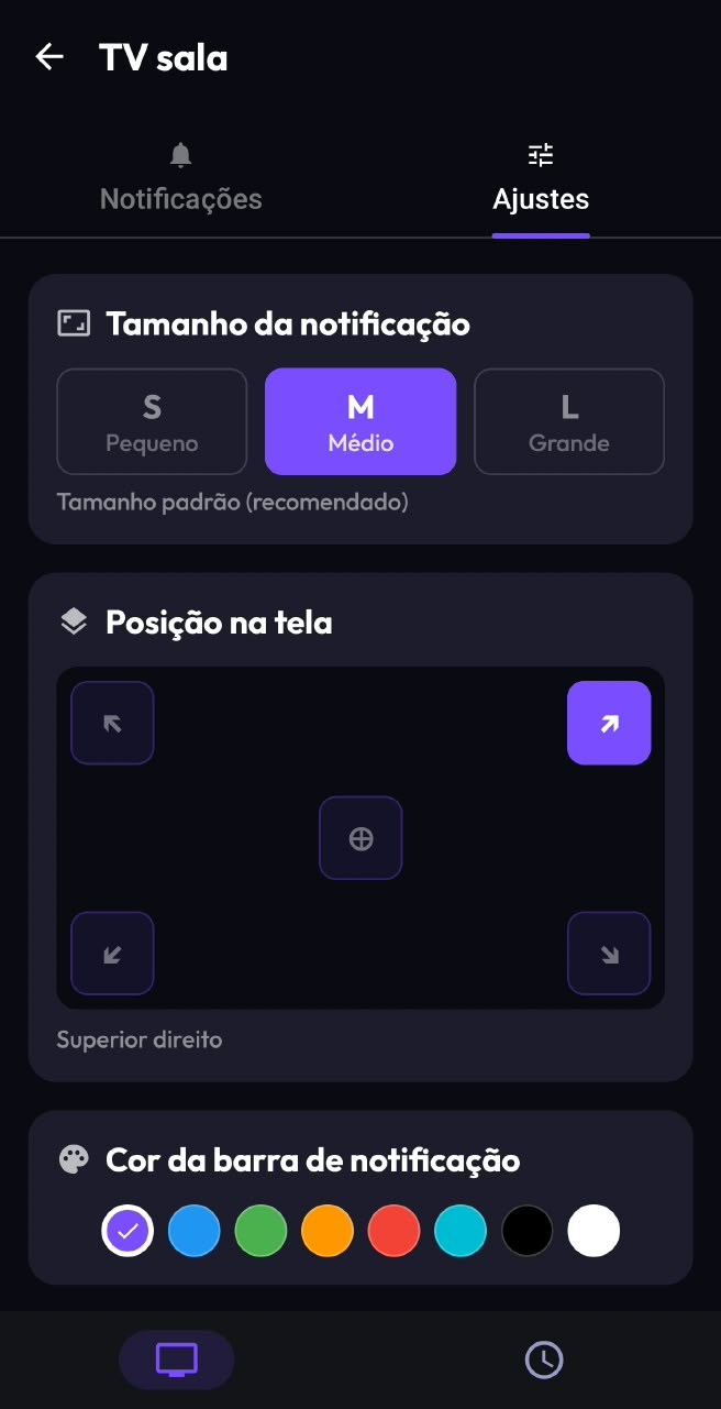 Ajustes de posição, tamanho e cor do popup no ASNO TV