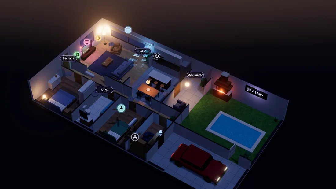 Casa em 3D com luzes, ar e sensores no lugar