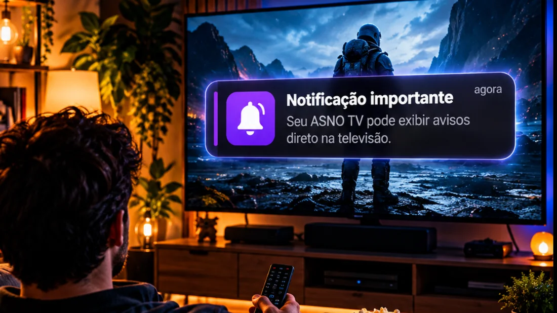 Notificação do ASNO TV aparecendo na televisão